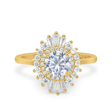 14K Yellow Gold Art Deco Round Bridal Baguette Simulated CZ Wedding Engagement Ring Size-7